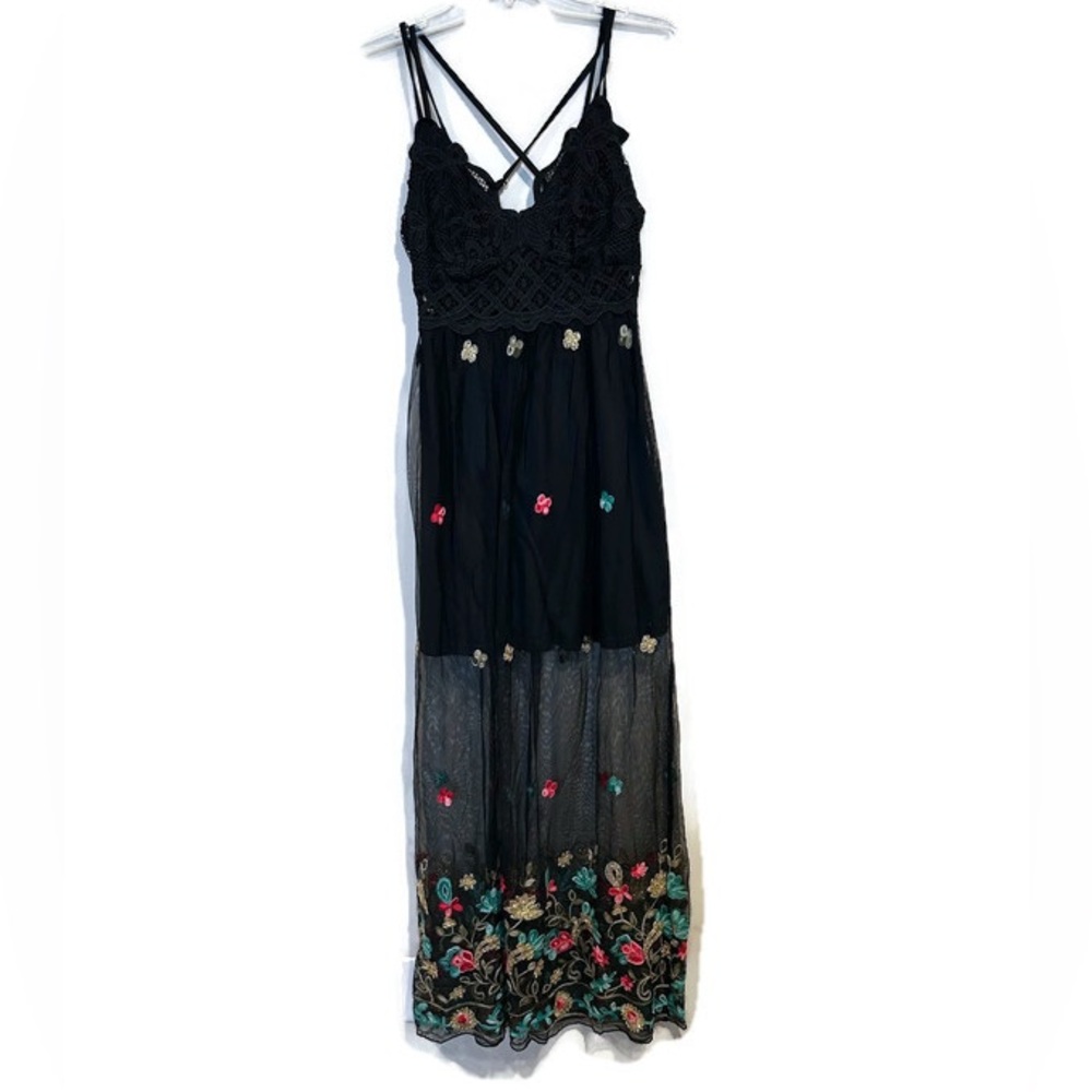 Rebellion Whimsygoth Maxi Mesh Dress with Floral Embroidery